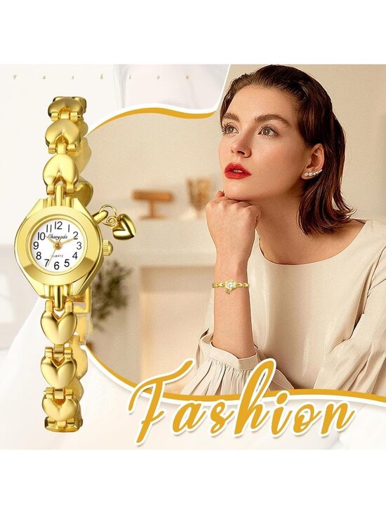 Womens Small Gold Bracelet Watch Heart Charm Stainless Steel  Women\'s Gold And White Analog Stainless Steel Heart Pandant Bracelet Wrist Watch